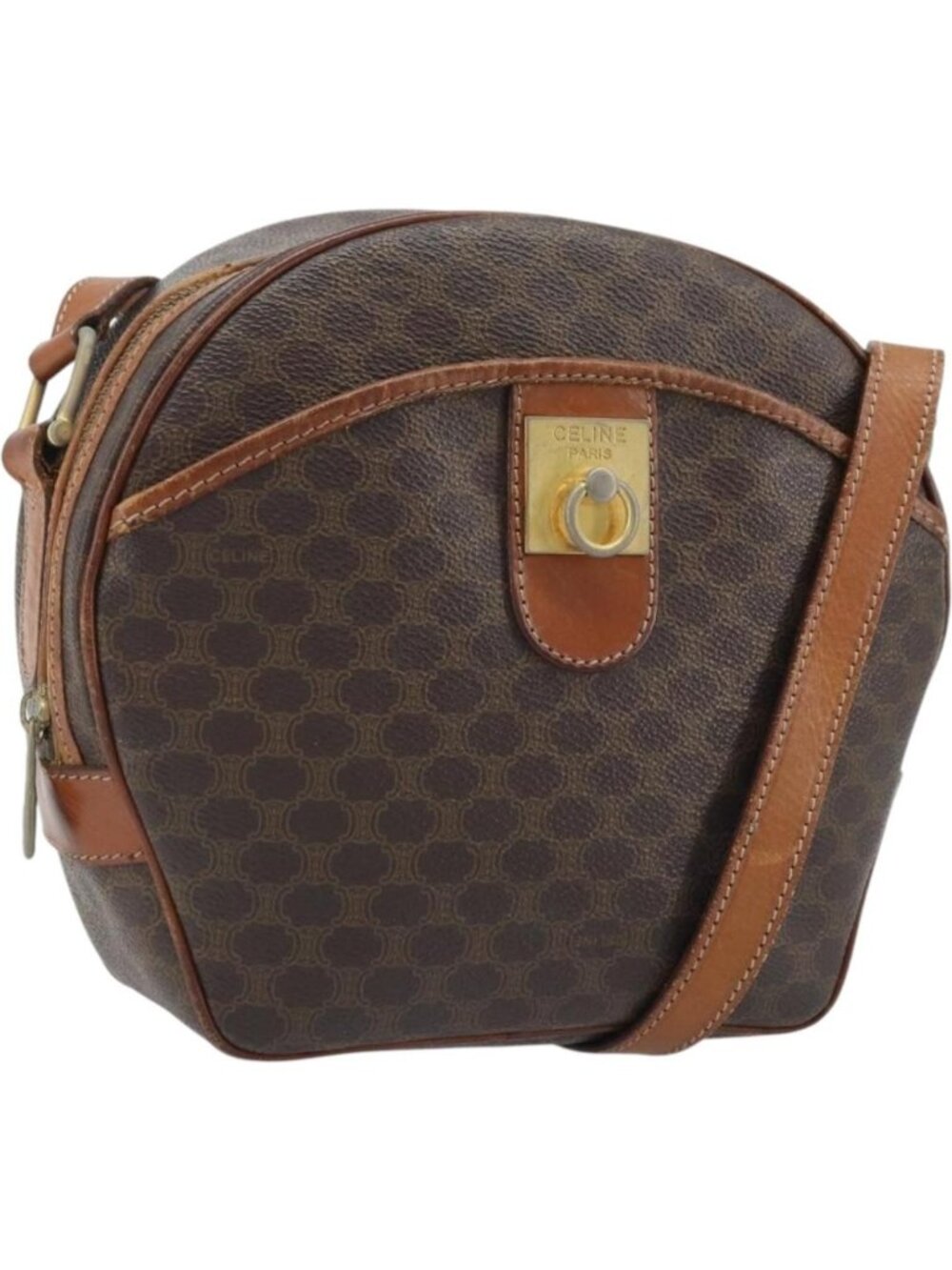 CELINE Macadam Canvas Shoulder Bag PVC Leather Brown Gold